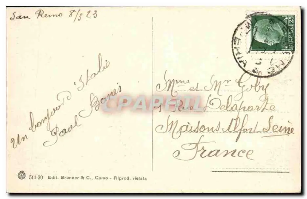 San Remo — Panorama von Osten — Verlag Brunner & C., Como - Rückseite