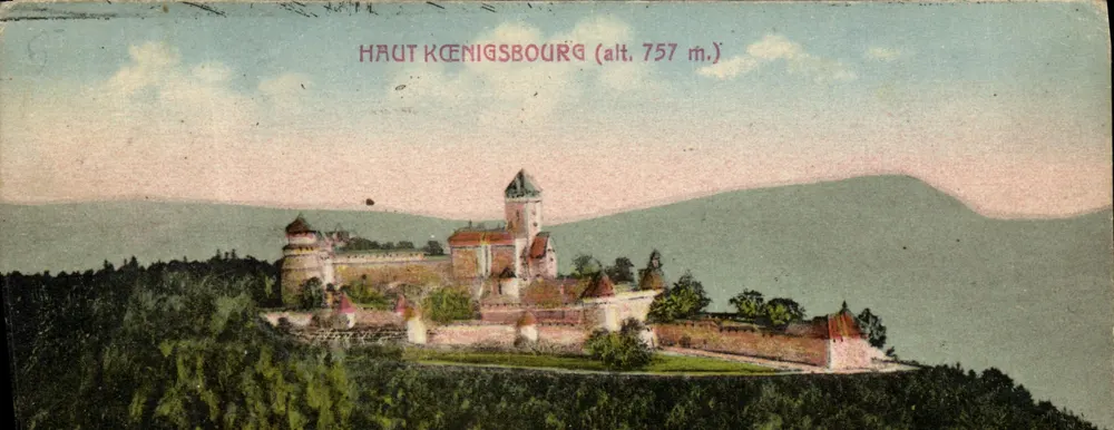 Haut Kœnigsbourg (alt. 757 m.) — castelo forte na colina — Cartas 'La Cigogne', Strasbourg - Frente