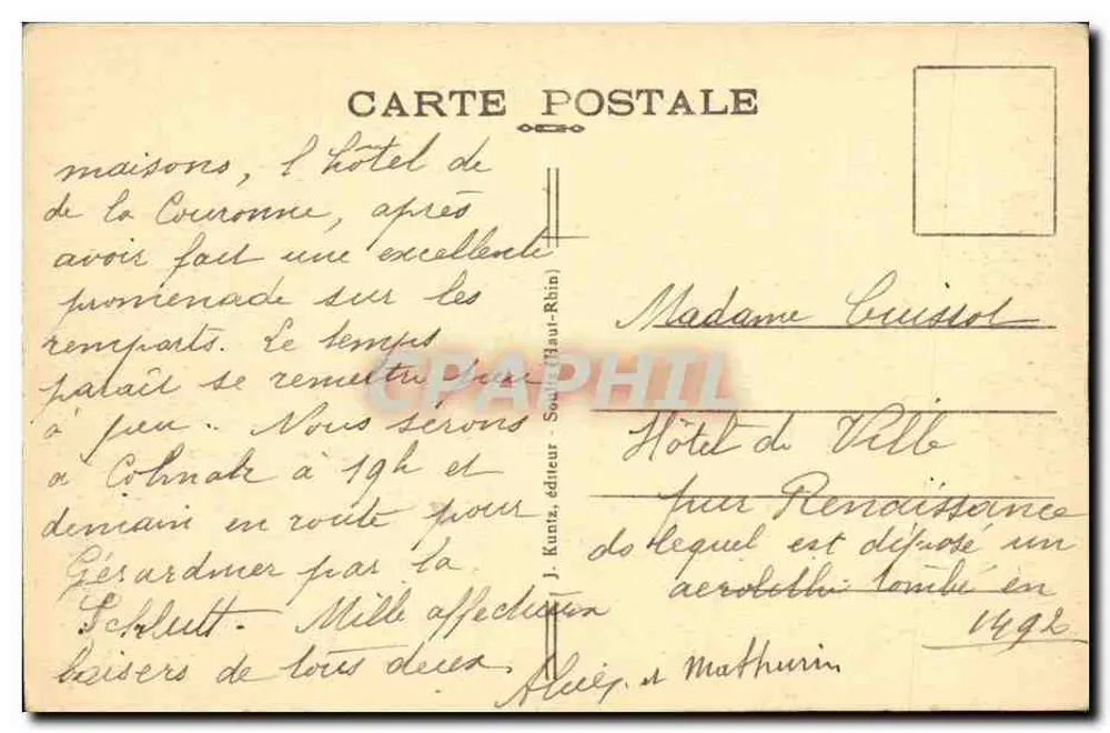 Hôtel de la Couronne und La Mairie — Ensisheim (Haut-Rhin) — J. Kunz, Verlag - Rückseite