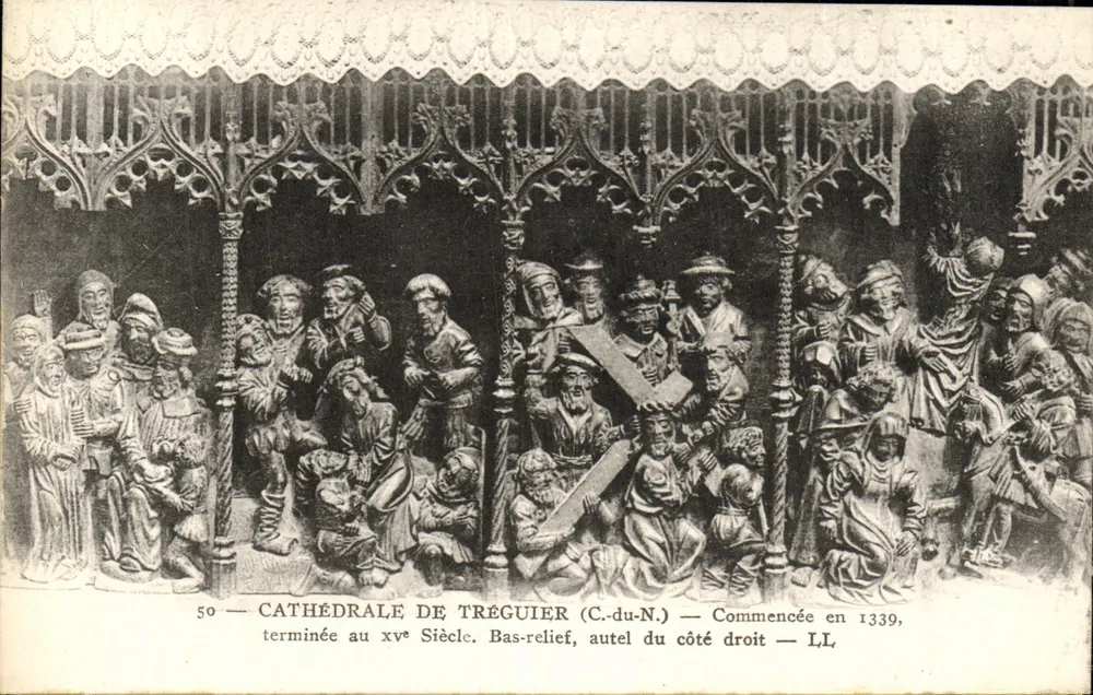 Kathedrale von Tréguiér (C.-du-N.) — Basrelief des Altars auf der rechten Seite — begonnen 1339, fertiggestellt im 15. Jahrhundert - Vorderseite