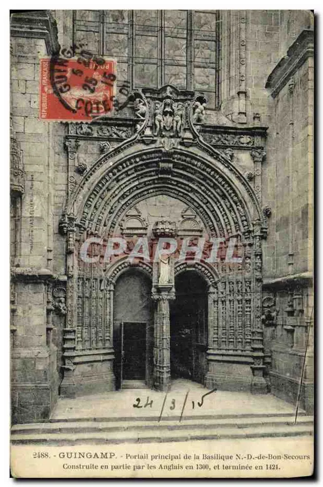 Guingamp - Haupteingang der Basilika N.-D.-de-Bon-Secours — teilweise von den Engländern in 1300 gebaut, 1424 fertiggestellt - Vorderseite