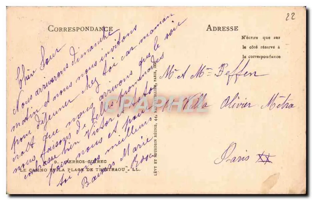 Strand von Tréstraou — Ansicht des Kasinos und der Gebäude — Verlag Lévy et Neubien, Nr. 22 - Rückseite