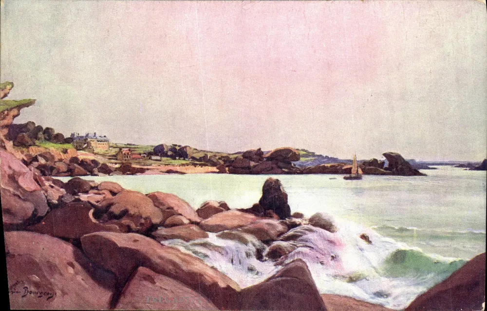 Trégastel — Vista da costa rochosa — Eugène Bourgoy — editor MAQUÉ DÉROUÉC, n° XXX - Frente