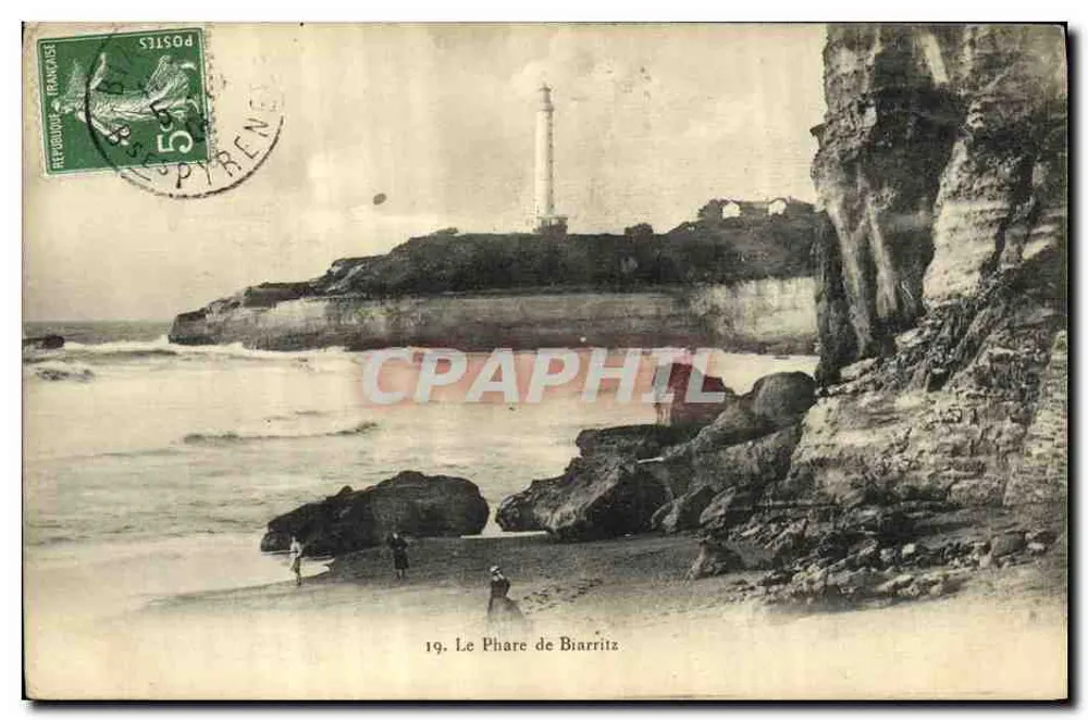 Molo w Biarritz — widok wybrzeża z falami — Eugé Paonau, wyd.-fot. Biarritz, nr 19 - Awers