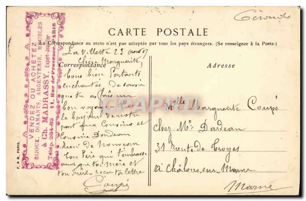 Bordeaux. Monument der Girondinen auf den Quinconces — Verlag Ch. Madrassy, Paris, Nr. 3 - Rückseite
