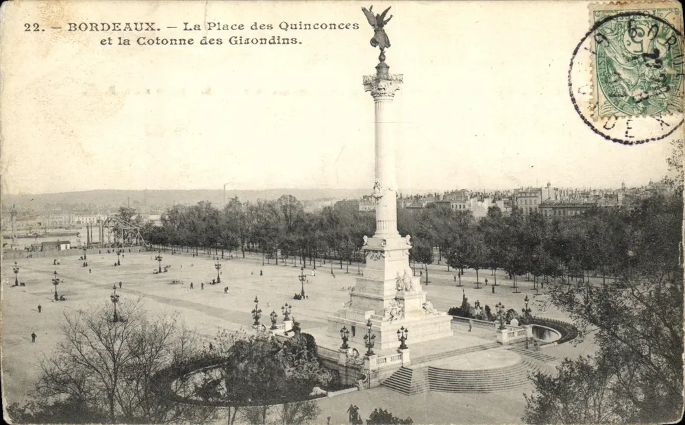 Bordeaux — Die Place des Quinconces und die Cotonne des Gisondins — Verlag M. F. — n° 22 - Vorderseite