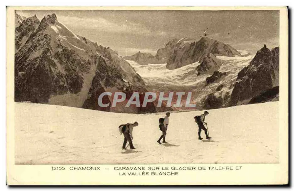 Chamonix — Caravana sobre el glaciar de Taléfre y la valle blanco — Imp. Braun, n°12155 - Anverso
