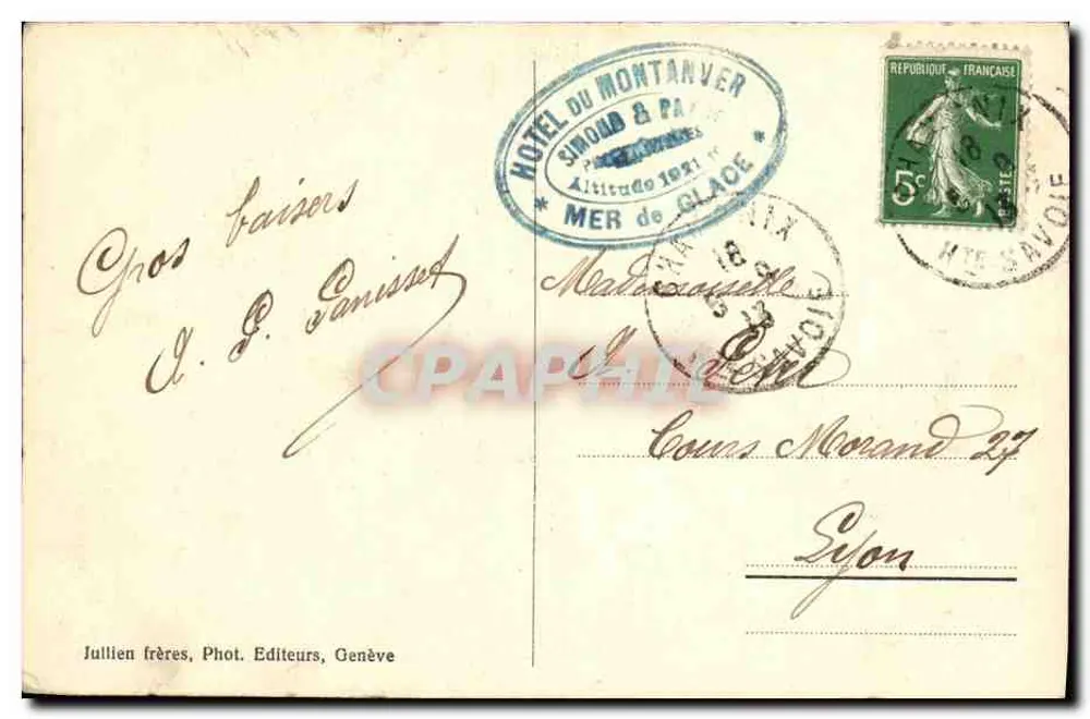 Chamonix - Hotel du Montanvert y Aiguille du Dru — J. J. 2236, editor Jullien frères, Ginebra - Reverso