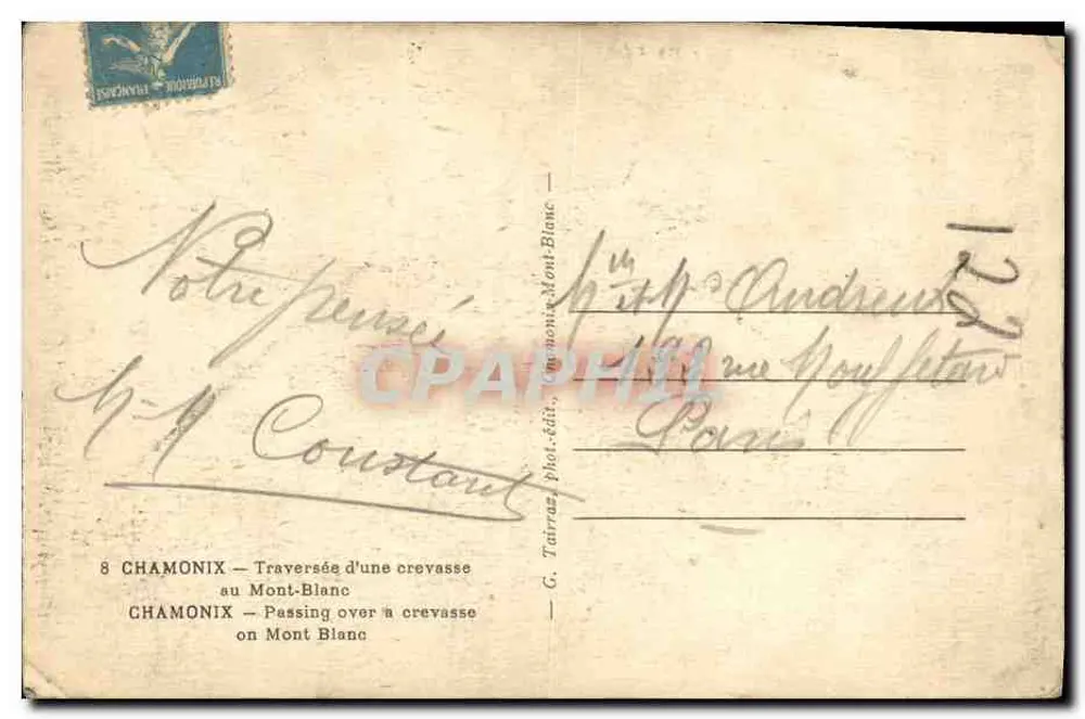 Chamonix — Überquerung einer Schneefurche am Mont-Blanc — G. Tarraz, phot. publ. - Rückseite