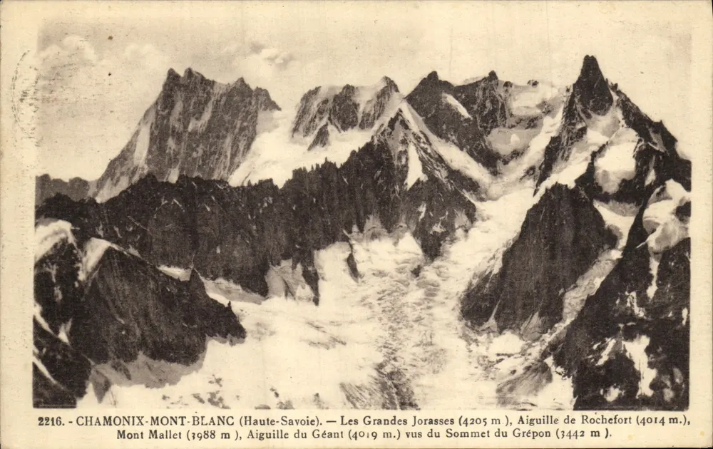 Mont-Blanc (Haute-Savoie) — Les Grandes Jorasses, Aiguille du Géant, Mont Mallet, Aiguille de Rochefort vom Gipfel des Grépon aus — L. Faursar, Verlag in Annemasse (Haute-Savoie), Nr. 2216 - Vorderseite