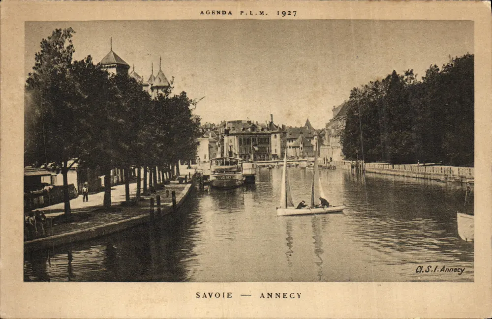 Savoie — Annecy — vista do canal com barco a vela — Agenda P.L.M. 1927 - Frente
