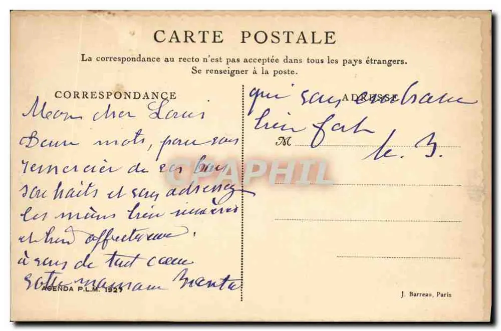 Savoie — Annecy — vista do canal com barco a vela — Agenda P.L.M. 1927 - Verso