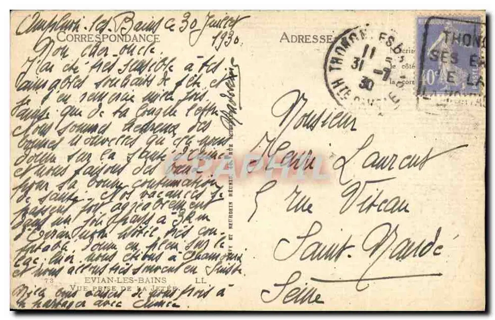 Vue prise de la jetée — Évian-les-Bains — éditeur non visible - Verso
