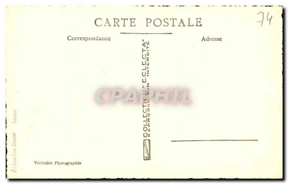 Évian-les-Bains — rua com a torre da igreja — Véritable Photographie - Verso