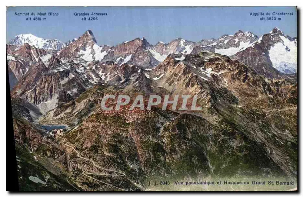 Panoramablick auf die Grandes Jorasses — Gipfel des Mont Blanc, Aiguille du Chardonnat, Hospice du Grand St Bernard — J.J. 8945 - Vorderseite