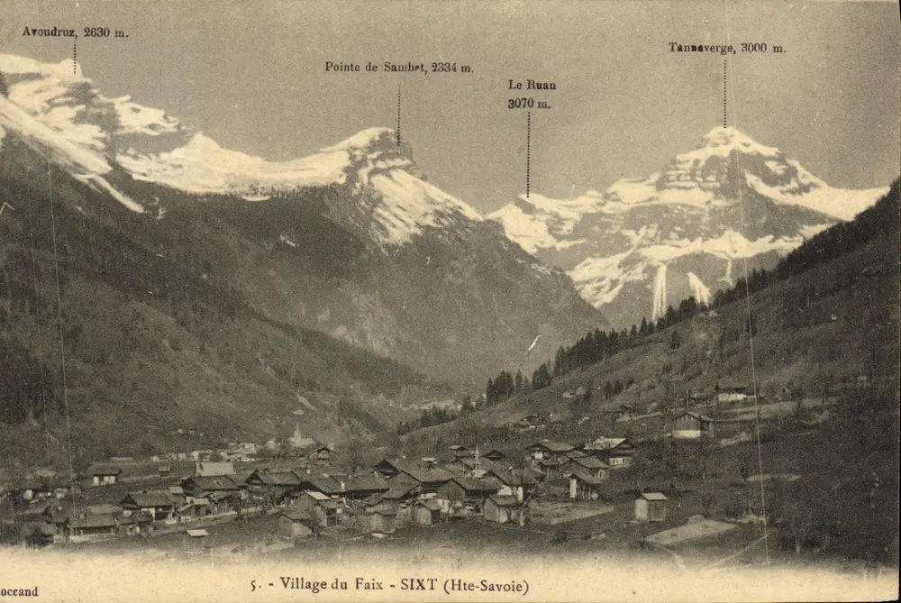 Village du Faix - SIXT (Hte-Savoie) — vista panorâmica das montanhas circundantes com altitudes indicadas — editor: Avondruz - Frente