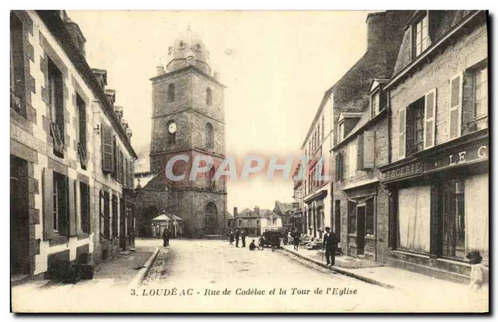 Loudéac - Rue de Cadélac und die Kirchturms — J. Nozaïs, Verlag - Vorderseite