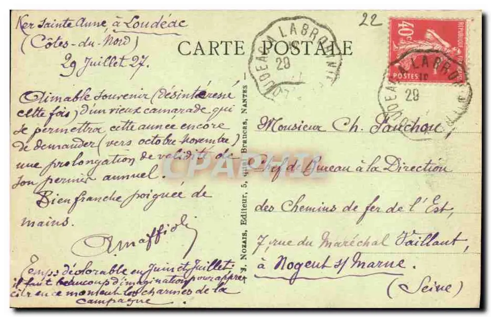 Loudéac - Rue de Cadélac und die Kirchturms — J. Nozaïs, Verlag - Rückseite