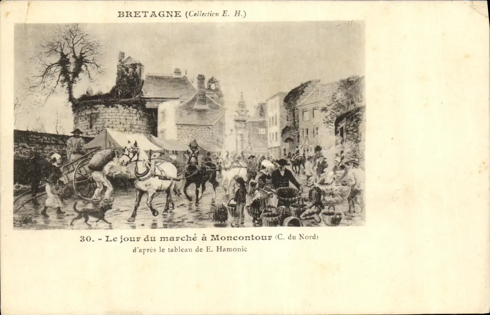 Moncontour (C. du Nord) — Markttag — nach dem Gemälde von E. Hamonic — Sammlung E. H. - Vorderseite