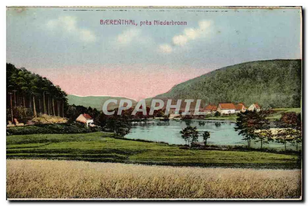 Bärentthal, perto de Niederbronn — paisagem lacustre com colinas e fazendas — editor Cartes 'La Cigogne', Strasbourg - Frente