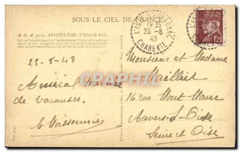 Angoulême — O Hotel de Ville — Edição Charentaises d'Art, série 1097 - Verso