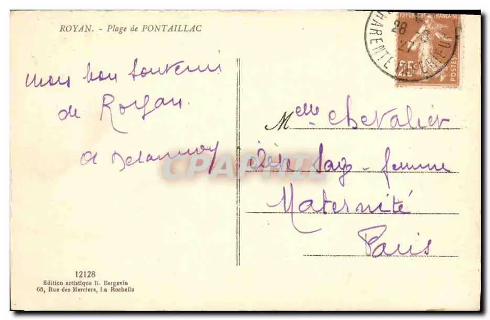 Praia de Pontaillac — Royan — Edição artística H. Bergevin n°12128 - Verso