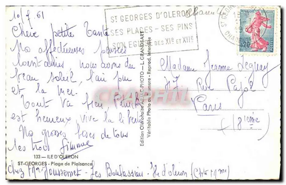 Praia de Prazeres — Ilha de Oléron — Edição Oléron - L. Grandsart - Verso