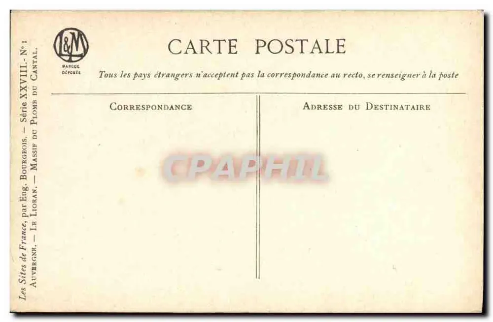 Massif du Plomb du Cantal — Vista panorâmica — Les Sites de France, por Eug. Bourgeois, série XXVIII, n°1 - Verso