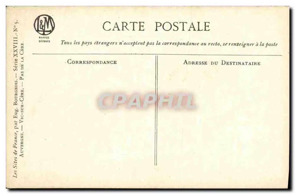 Passo da Cère — Vic-sur-Cère — Editor L&M, Série XXVIII - Verso