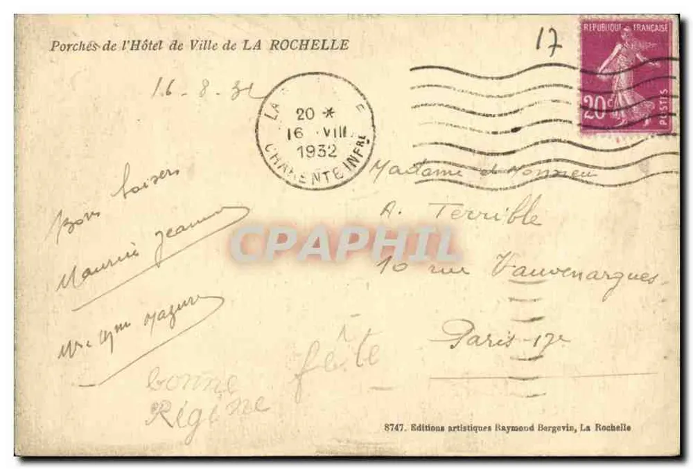 Portale des Rathauses von La Rochelle — Verlag Raymond Bergavin, Nr. 8747 - Rückseite