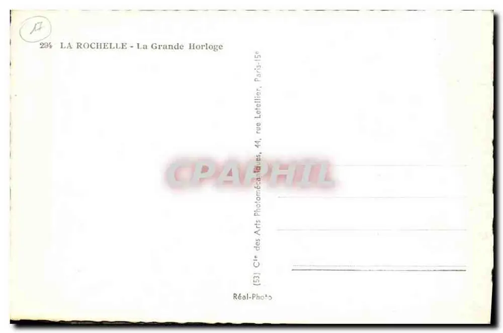 La Rochelle - A Grande Relógio — editora Cie des Arts Photomécaniques, Paris - Verso