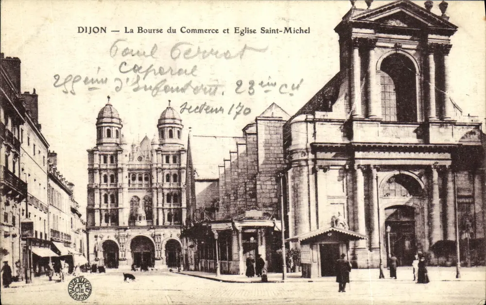 Dijon — Der Handelsplatz und die Kirche Saint-Michel — Verlag: Druckerei der Stadt Dijon - Vorderseite