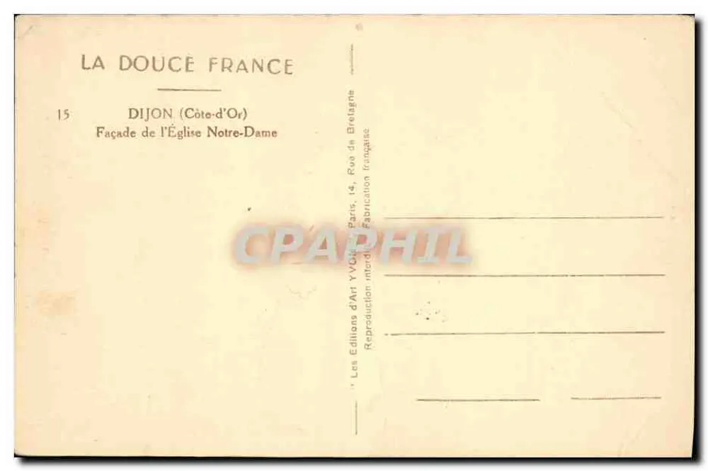 Dijon — Fachada da Igreja Notre-Dame — Les Éditions d'Art Yvdon, Paris - Verso