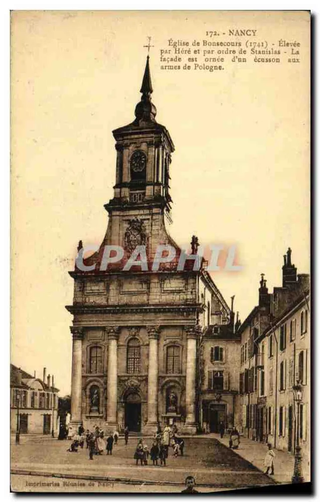 Nancy — Igreja de Bonsecours (1741) — fachada adornada com um escudo com as armas da Polônia — Imprimeries Réunies de Nancy, n°172 - Frente