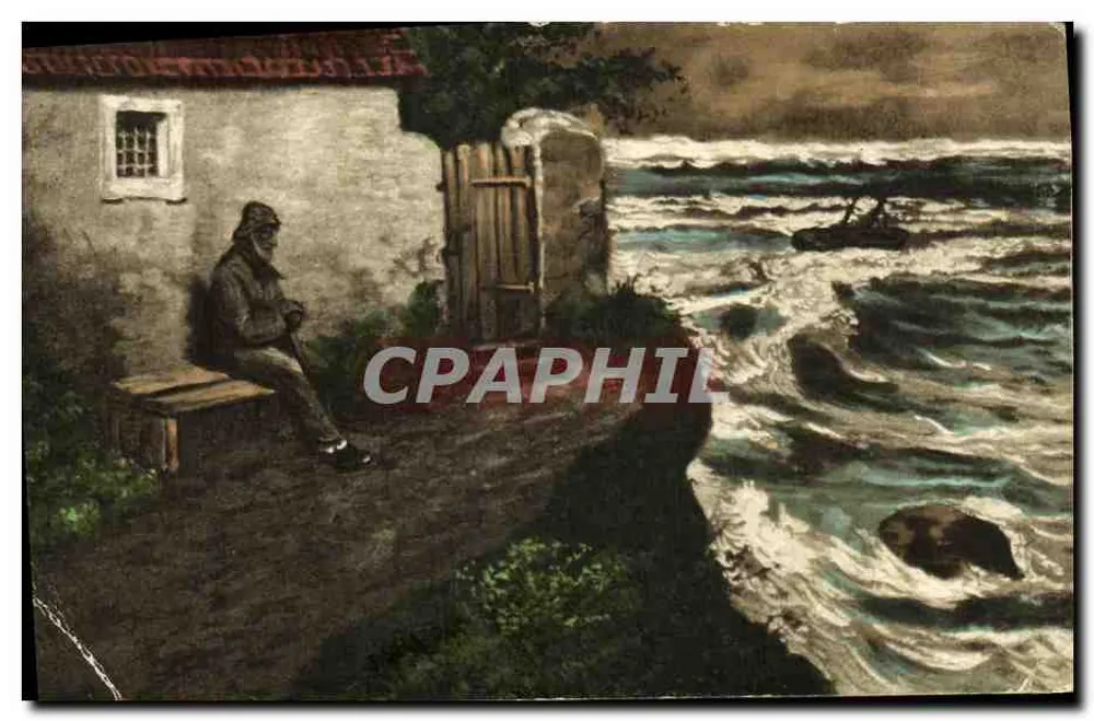 Pêcheur solitaire — scène de bord de mer avec maison et vague — éditeur Imago, n° 0500 - Frente