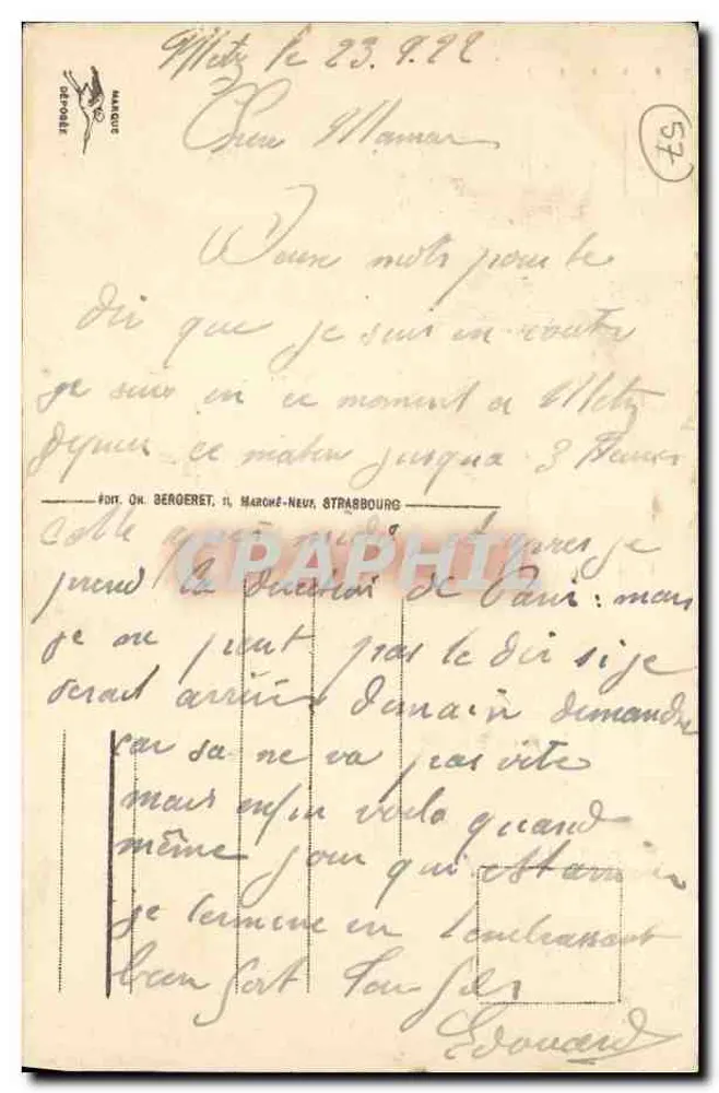 Metz - Ansicht des neuen gotischen Portals der Metz-Kathedrale — Verlag MARCOUR, Nr. 57 - Rückseite