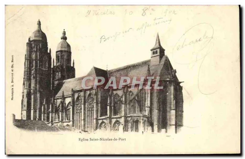 Église Saint-Nicolas-de-Port — vue de l'édifice gothique avec ses deux tours à dômes — Phototypie A. Bergeret et Cie, Nancy - Voorkant
