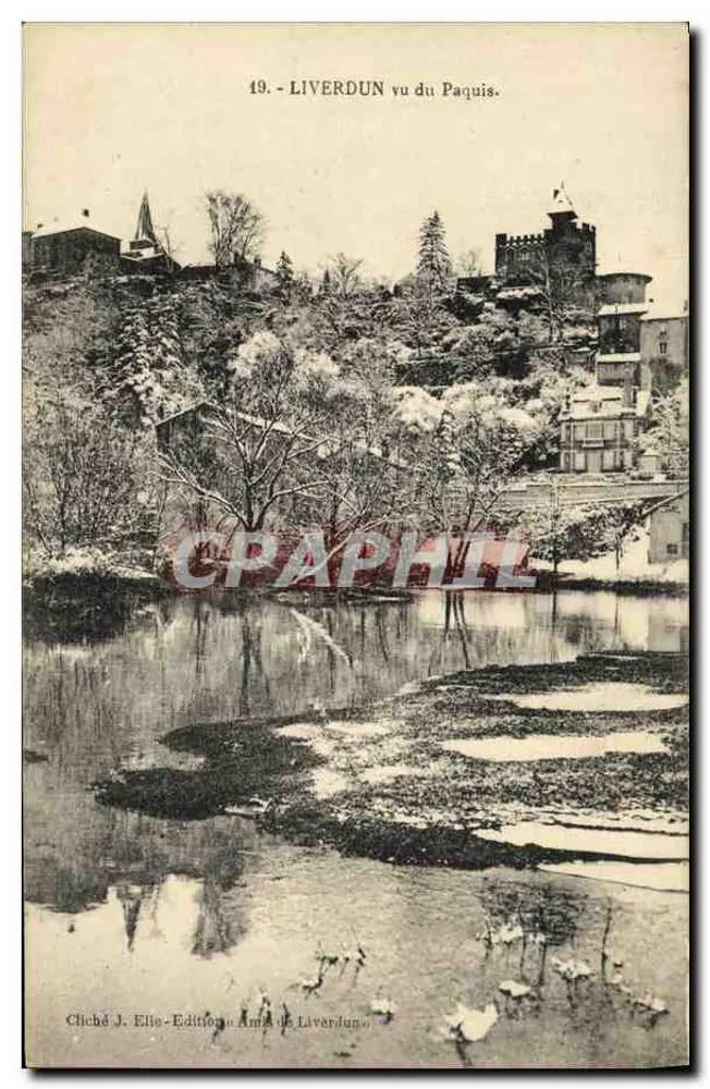 Liverdun visto dal Paquis — vista panoramica con castello e fiume — cliché J. Elie, Edizioni Amici di Liverdun, n°19 - Recto