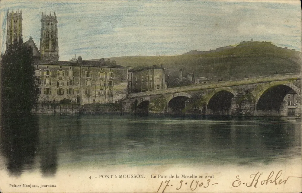 Brücke in Mousson — Die Moselbrücke stromabwärts — Peltier Maujean, Zeitungen - Vorderseite