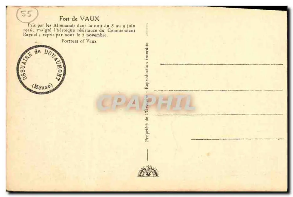 Fort de Vaux — tomada e recuperação durante a guerra 1914-1918 — Ossuaire de Douaumont - Verso
