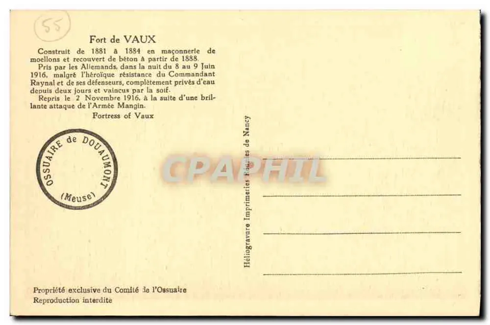 Fort de Vaux — Fort de Vaux — Héliogravure Imprimerie de Douaumont - Verso