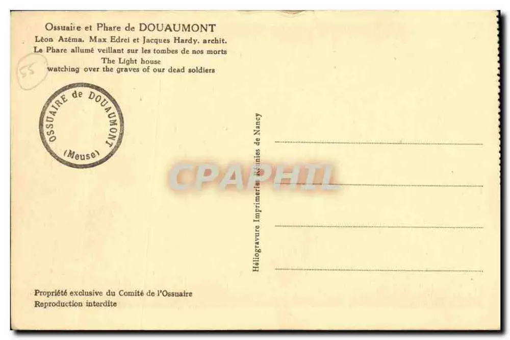 Ossuar und Leuchtturm von Douaumont — Ossuar von Douaumont (Meuse) — Helioengravur von der Druckerei Nancy - Rückseite