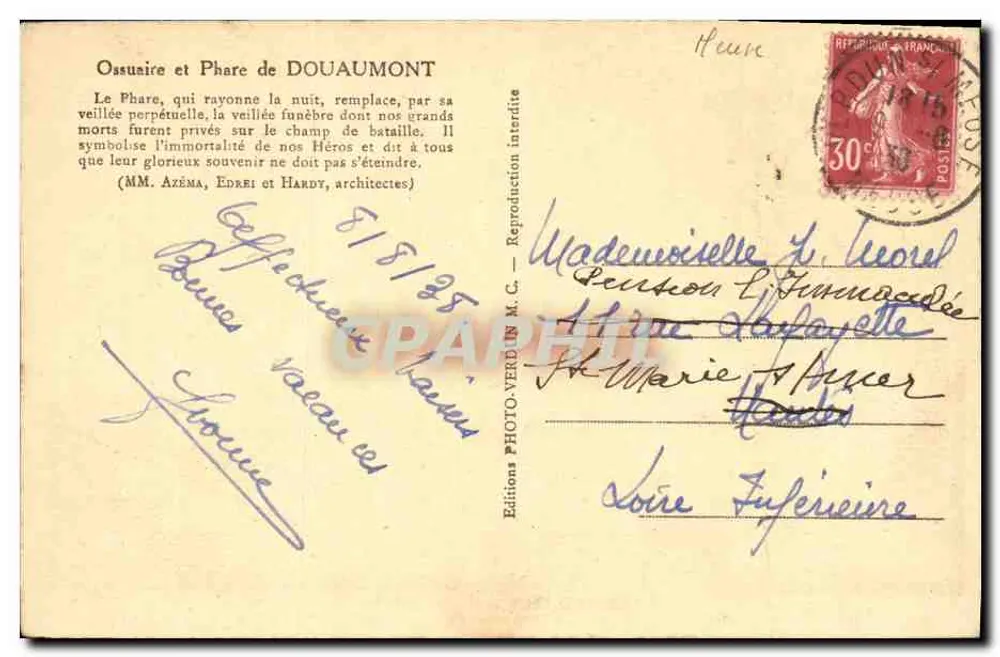 Ossuaire und Leuchtturm von Douaumont — Editions VERDIN M.C. - Rückseite