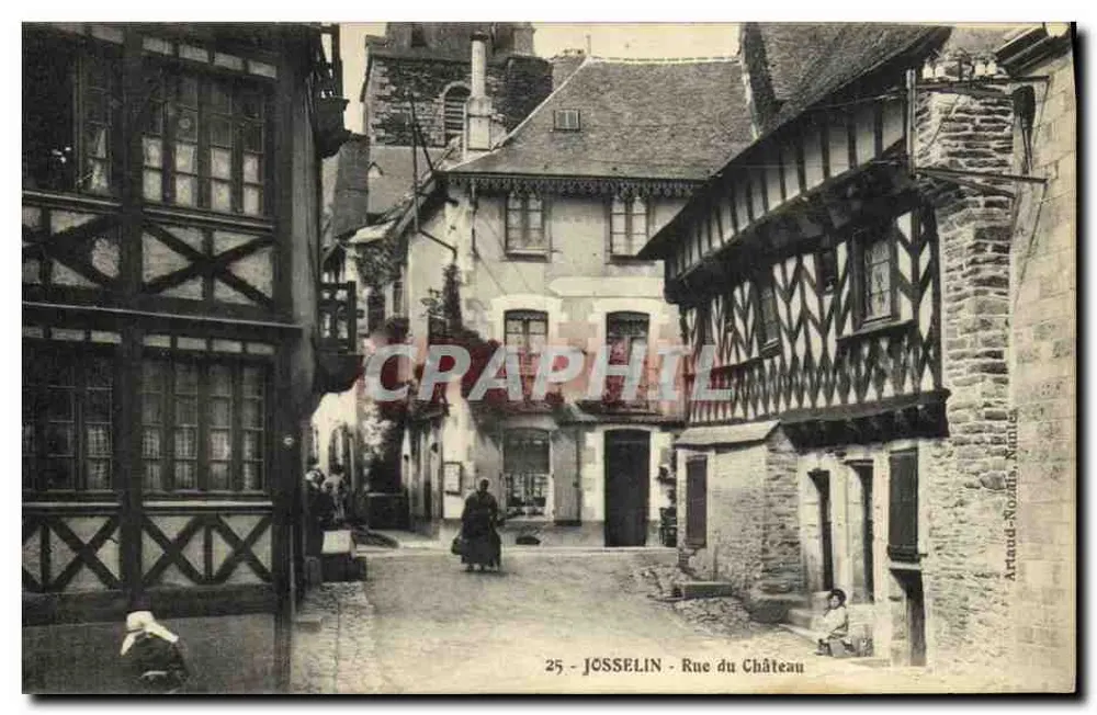 JOSSELIN - Rue du Château — vista de rua com casas de madeira — editor Artaud-Normand, n°25 - Frente