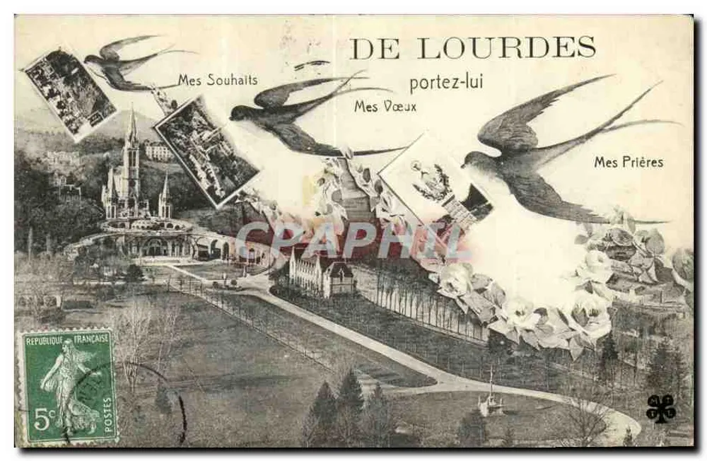 Lourdes — vue panoramique avec oiseaux porteurs de messages — éditeur non visible - Recto