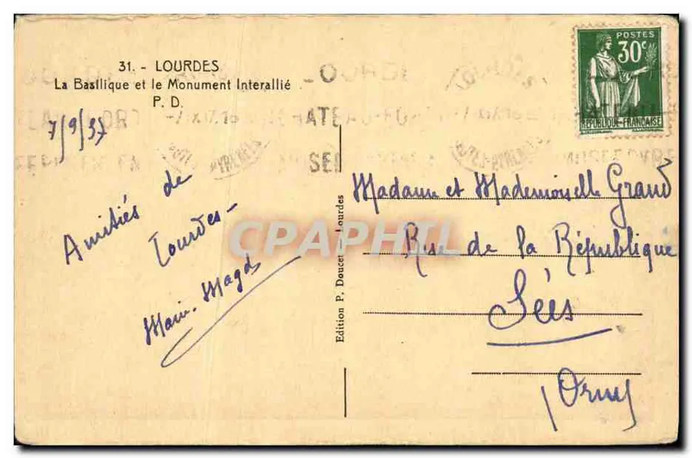 Lourdes — Die Basilika und das Interalliierte Denkmal — Edition P. Doucet Lourdes n°31 - Rückseite