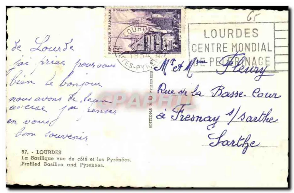 Lourdes — Die Basilika von der Seite und die Pyrenäen — Éditions M. de Pyrénées, n° 97 - Rückseite
