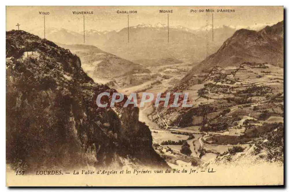 Lourdes — Die Tal der Argelès und die Pyrenäen vom Pic du Jer aus — LL. — Nr. 157 - Vorderseite