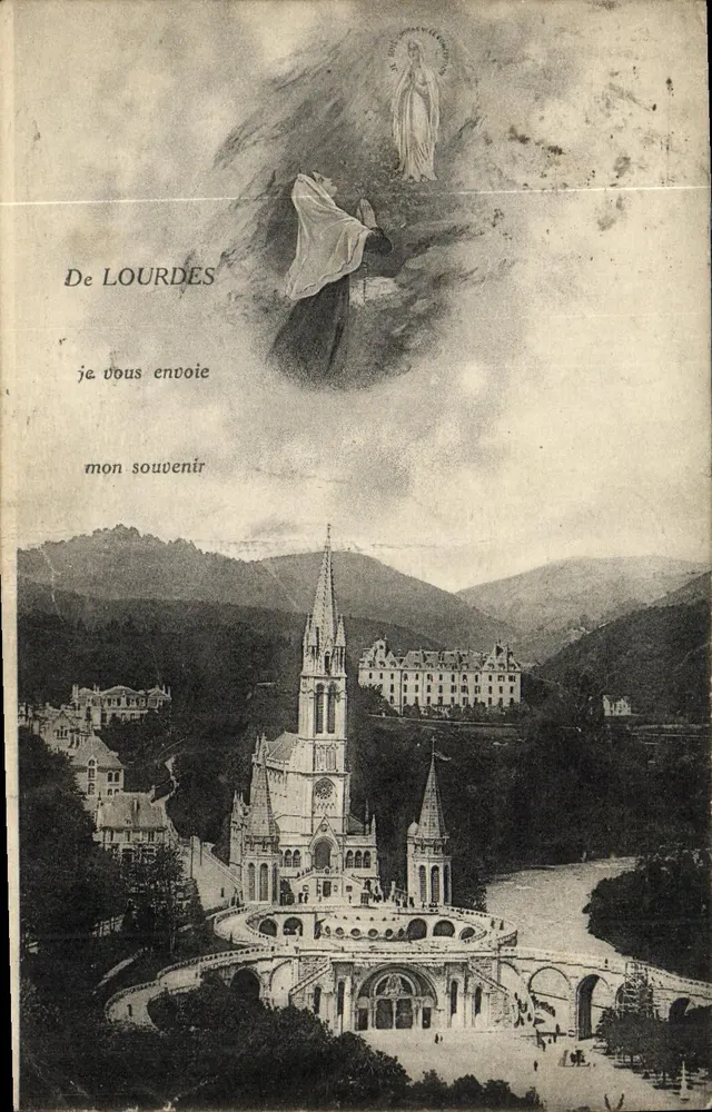 Lourdes — Blick auf die Basilika und die Grotte — Lévy Frères - Vorderseite