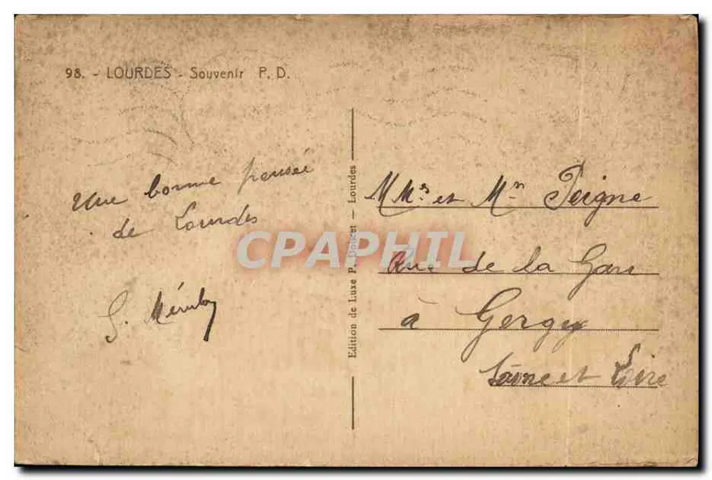 Lourdes — Grotte de Massabielle — Éditeur Luce P. Delcet, n° 98 - Verso